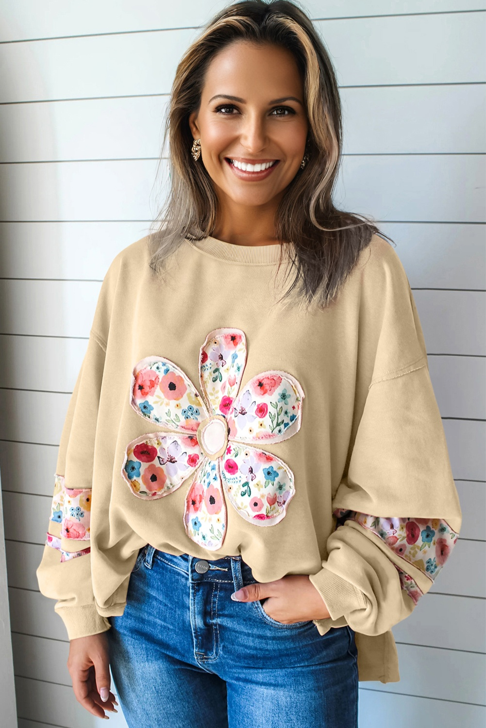 Pale Khaki Floral Applique Baggy Pullover Sweatshirt - Image 3