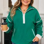 Dark Green Half Zip Contrast Trim Pocketed Plus Size Fleece Sweatshirt