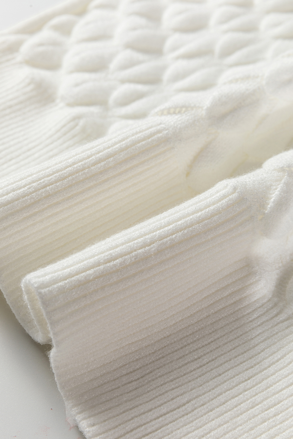 White Fish Scale Textured Knit Ribbed High Neck Short Sleeve Sweater - Image 8