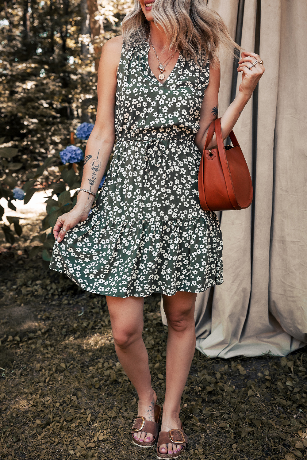 Green Boho Floral Print V Neck Tunic Sleeveless Dress - Image 7