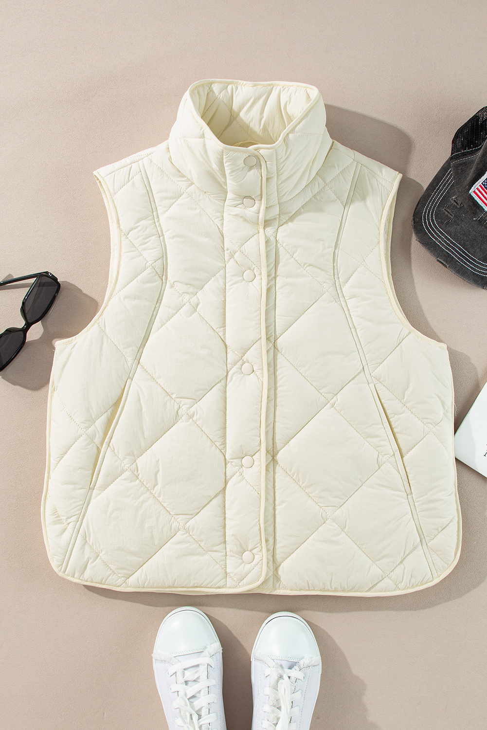 Beige Quilted High Neck Button Up Pocket Vest Coat - Image 8