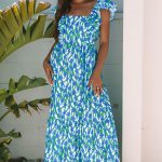 Blue Floral Print Square Neck Ruffled Strap Maxi Dress