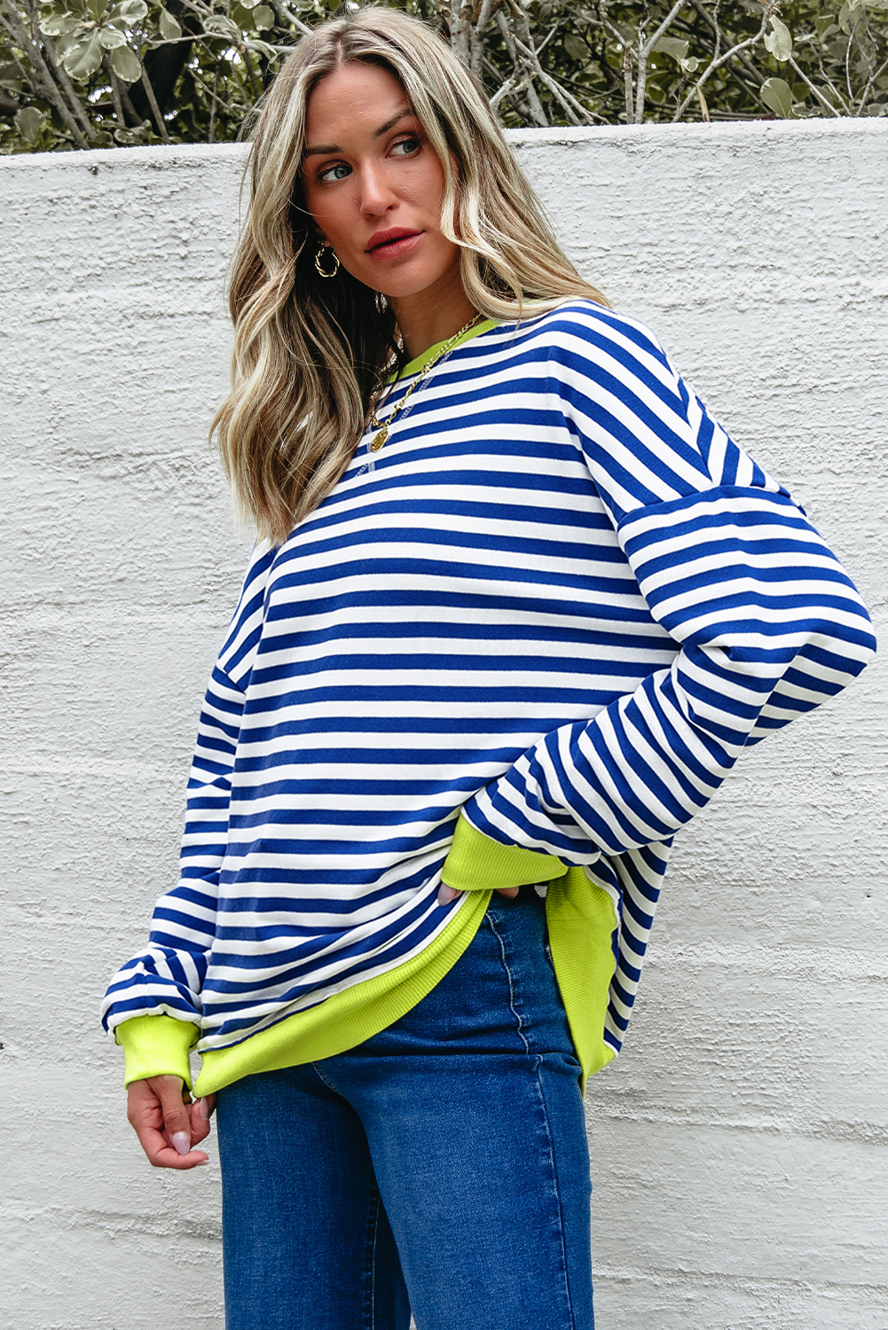 Sky Blue Stripe Striped Contrast Ribbed Trim Crossed Stitch Drop Shoulder Sweatshirt - Image 4