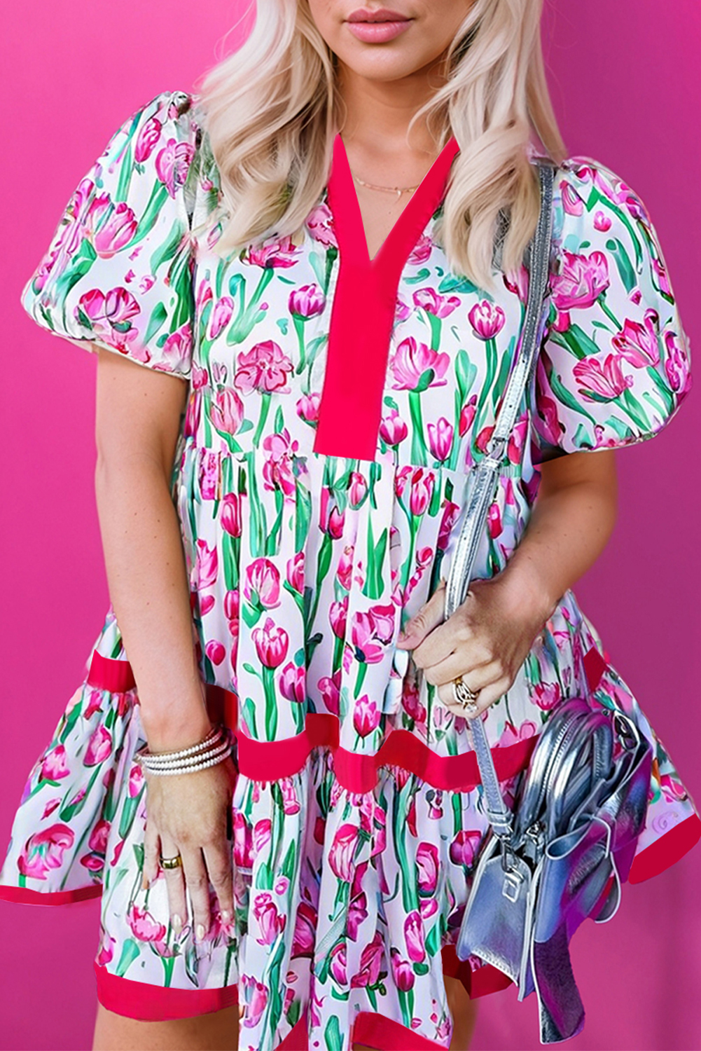 Pink Floral Print Contrast Trim V Neck Bubble Short Sleeve Babydoll Dress - Image 2