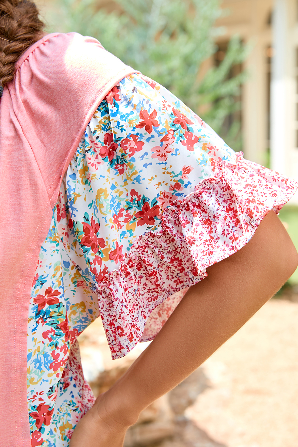 Pink Plus Size Floral Patchwork Ruffled Short Sleeve Blouse - Image 6