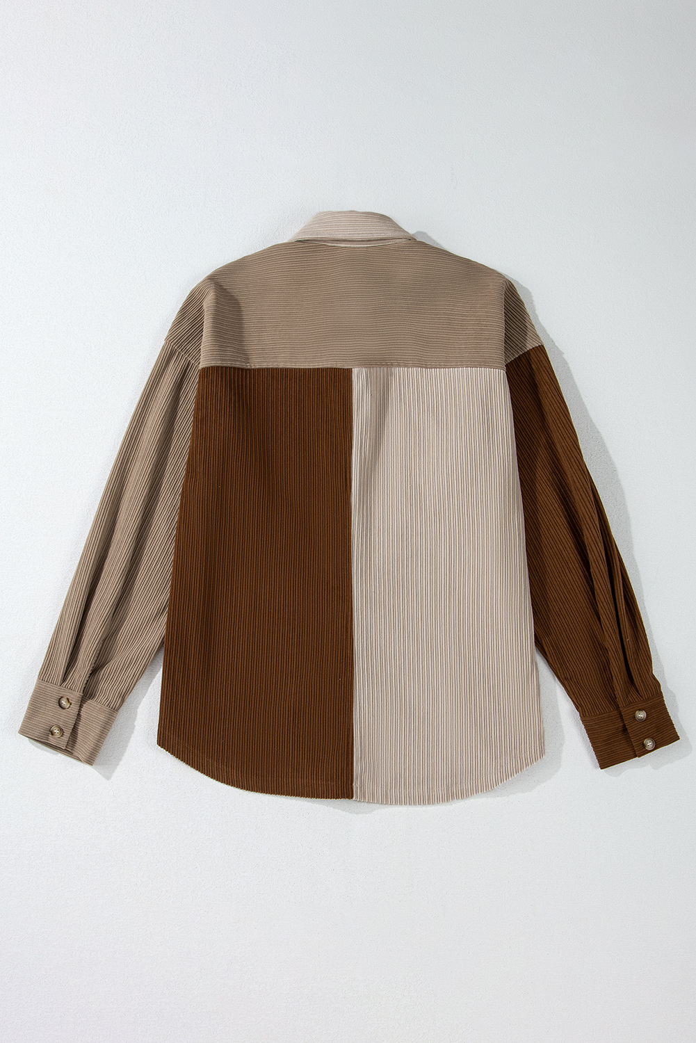 Brown Color Block Chest Pockets Buttoned Corduroy Shacket - Image 5