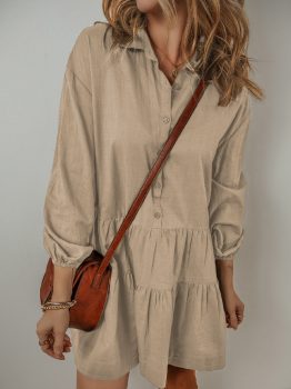 Tan Puff Sleeve Buttoned Tiered Pleated Shirt Mini Dress