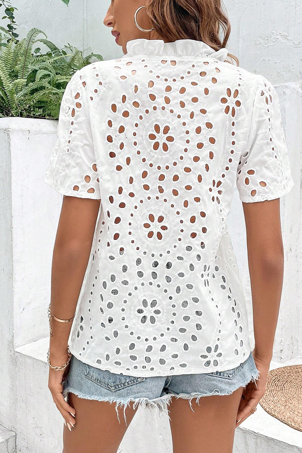 White Geometric Embroidery Hollow Out Blouse - Image 2