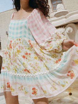 Pink Ric Rac Plaid Floral Print Patchwork Bubble Sleeve Dress