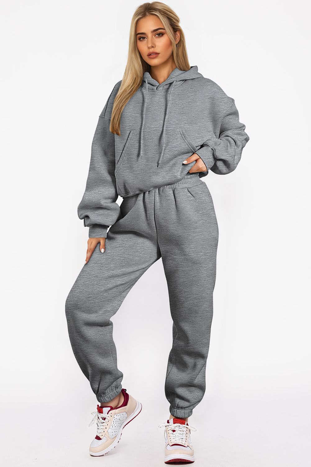 Gray Solid Drop Shoulder Hoodie and Joggers Activewear Set - Image 7