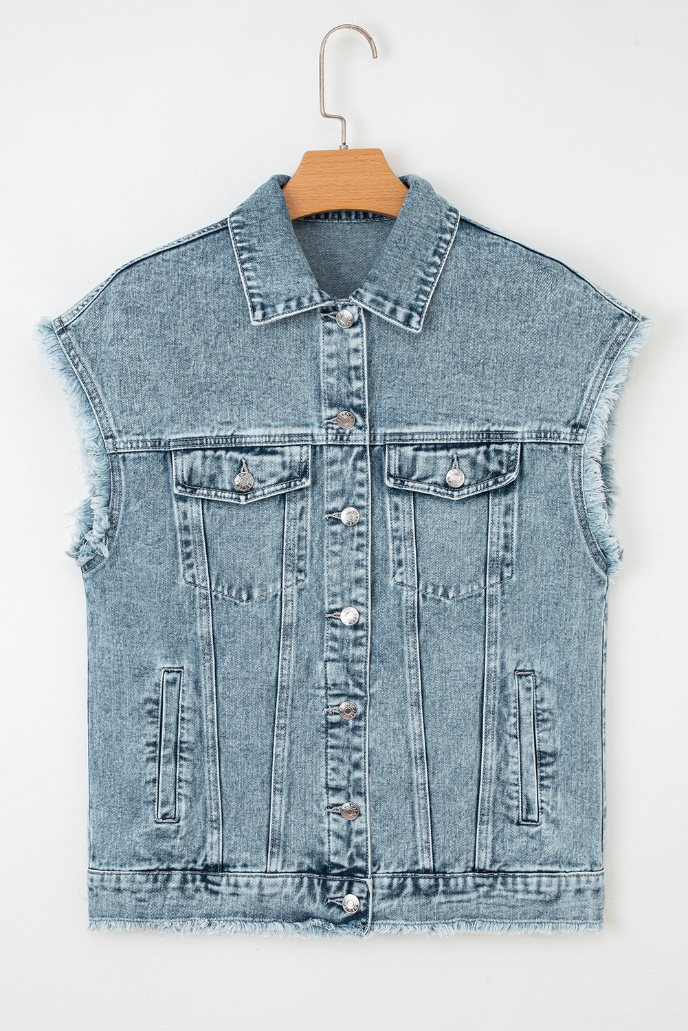 Myosotis Button Flap Pocket Frayed Detail Denim Vest - Image 2