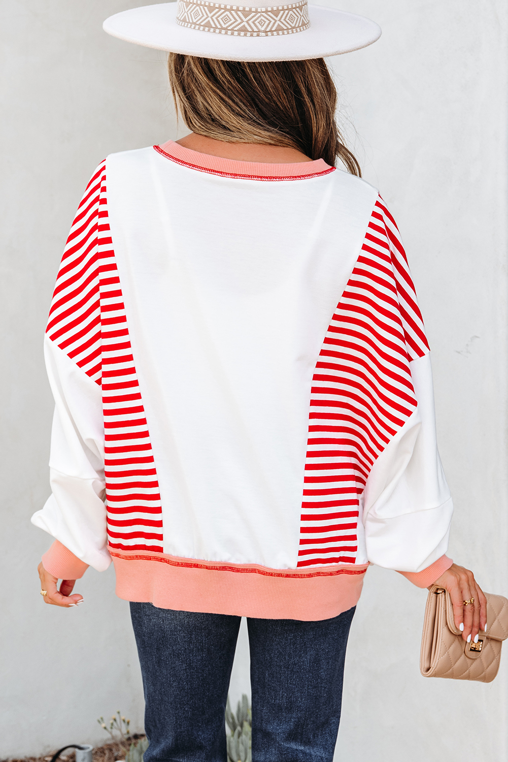 Red Stripe Colorblock Patchwork Contrast Stitching Oversize Sweatshirt - Image 2