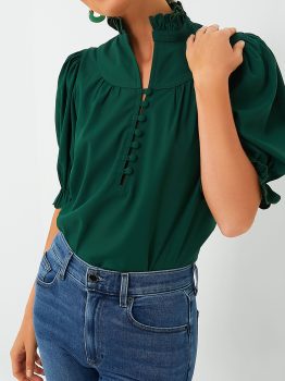 Blackish Green Solid Puff Sleeve Frilled Trim Elegant Blouse