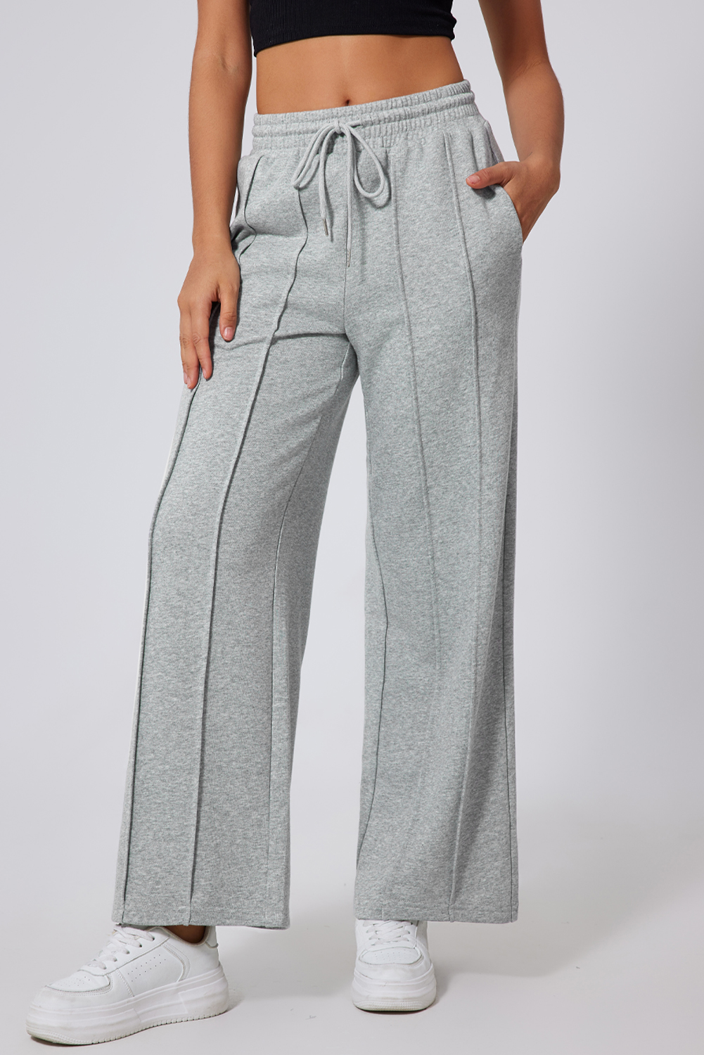 Gray Seamed Drawstring High Waist Wide Leg Sweatpants - Image 5