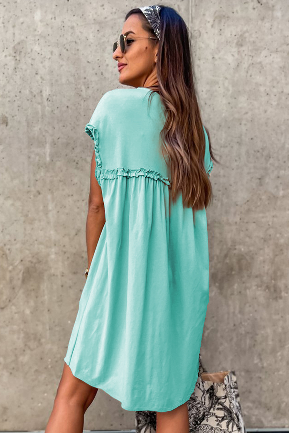 Mint Green Frilled Trim Crew Neck Loose Fit Mini Dress - Image 6