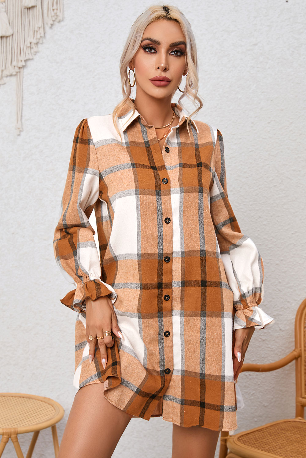 Khaki Plaid Pattern Collared Neck Ruffled Sleeve Shirt Dress - Image 5