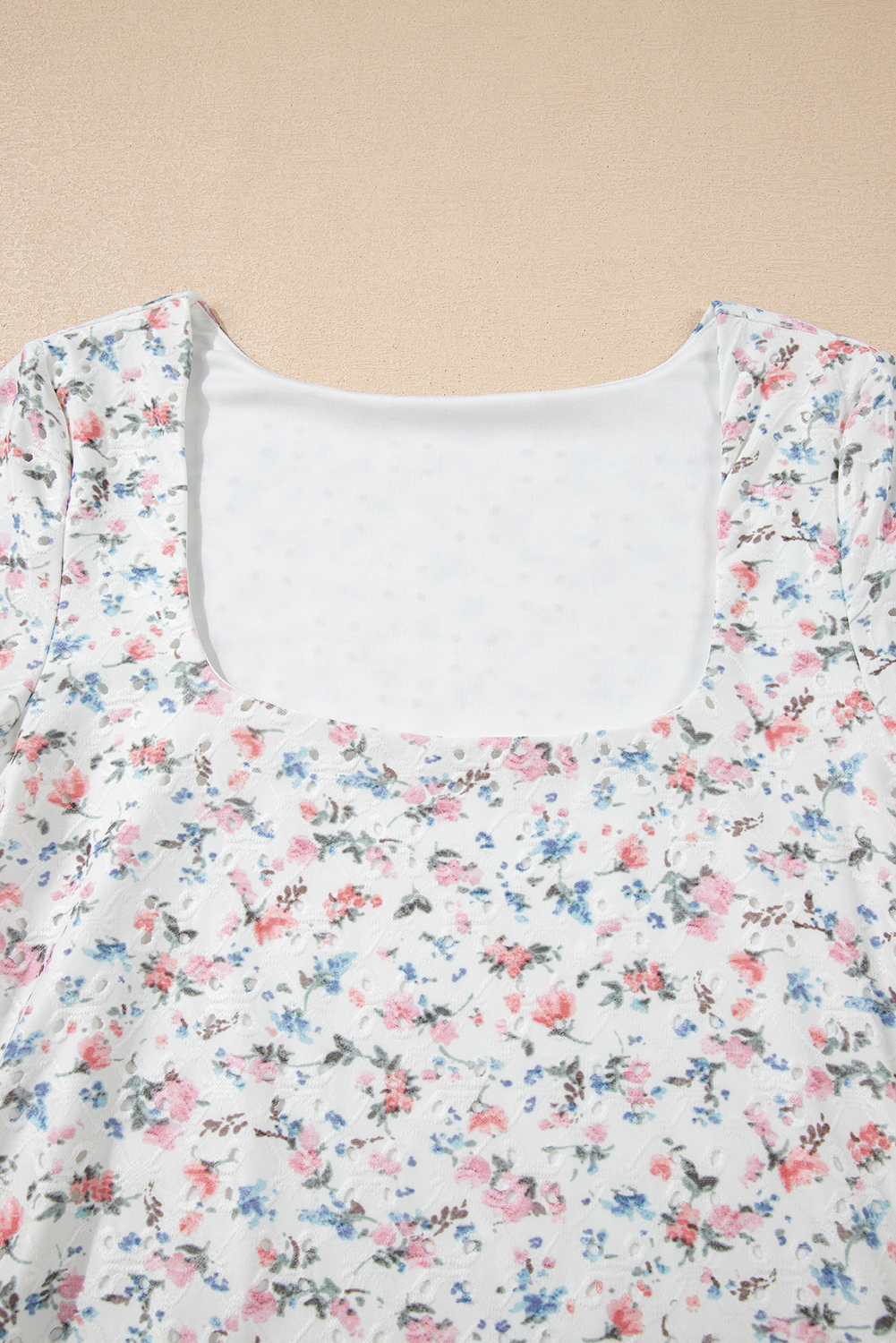 White Floral Print Textured Square Neck Slim Fit Long Sleeve Top - Image 8