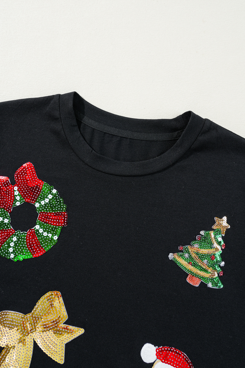 Black Sequin Christmas Essentials Graphic Crewneck T Shirt - Image 8