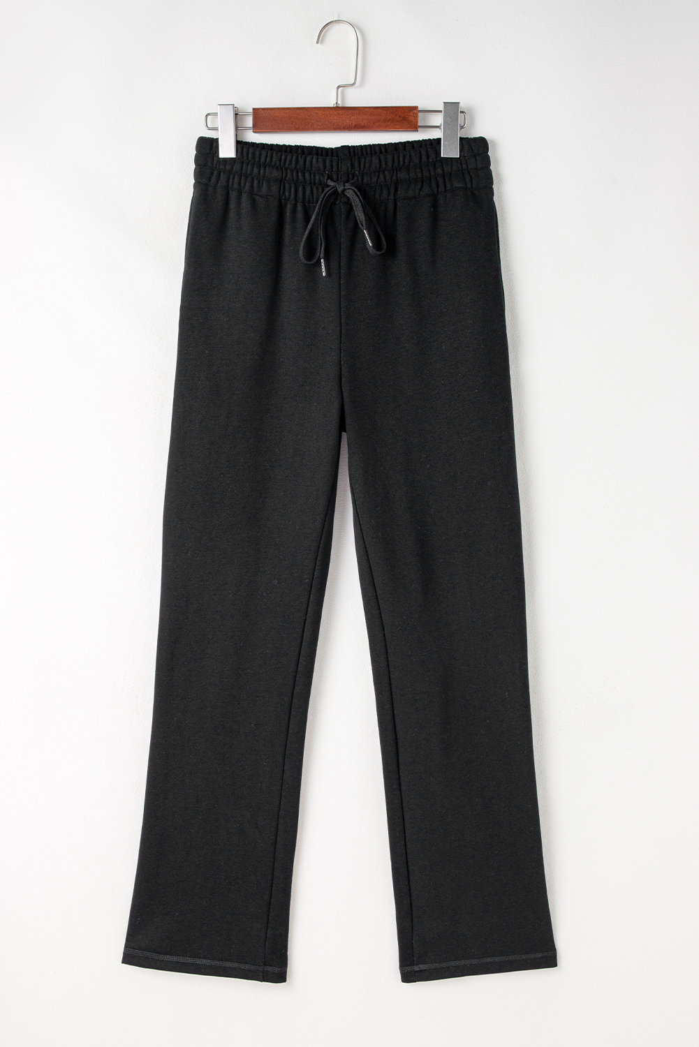 Black Solid Color Fleece Lined Drawstring Waist Casual Pants - Image 6