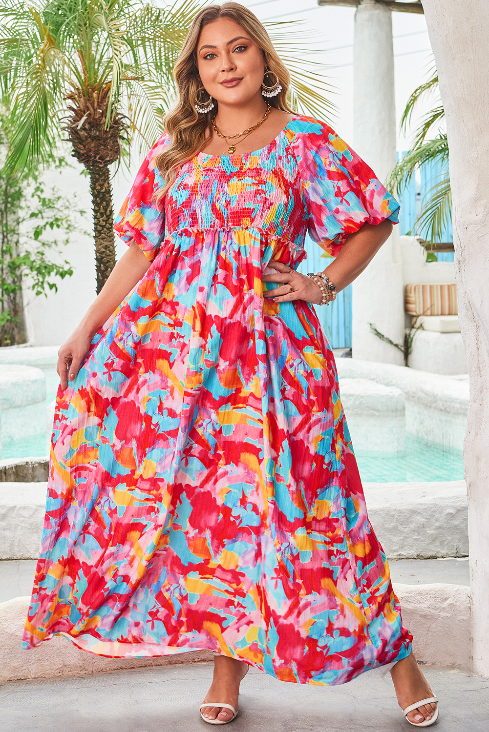 Rose Abstract Printed Puff Sleeve Square Neck Smocked Bust Tied Back Plus Size Dress - Image 3