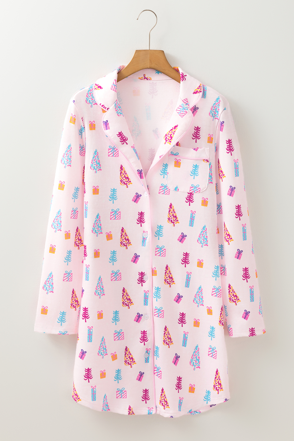 Pink Christmas Twinkle Tree Print Shirt Sleep Dress - Image 7