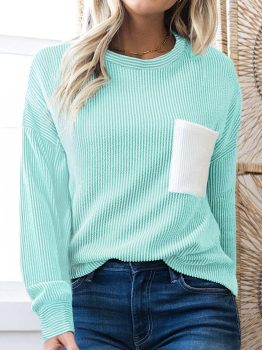 Iceland Blue 3D Ribbed Texture Contrast Patched Pocket Long Sleeve Top