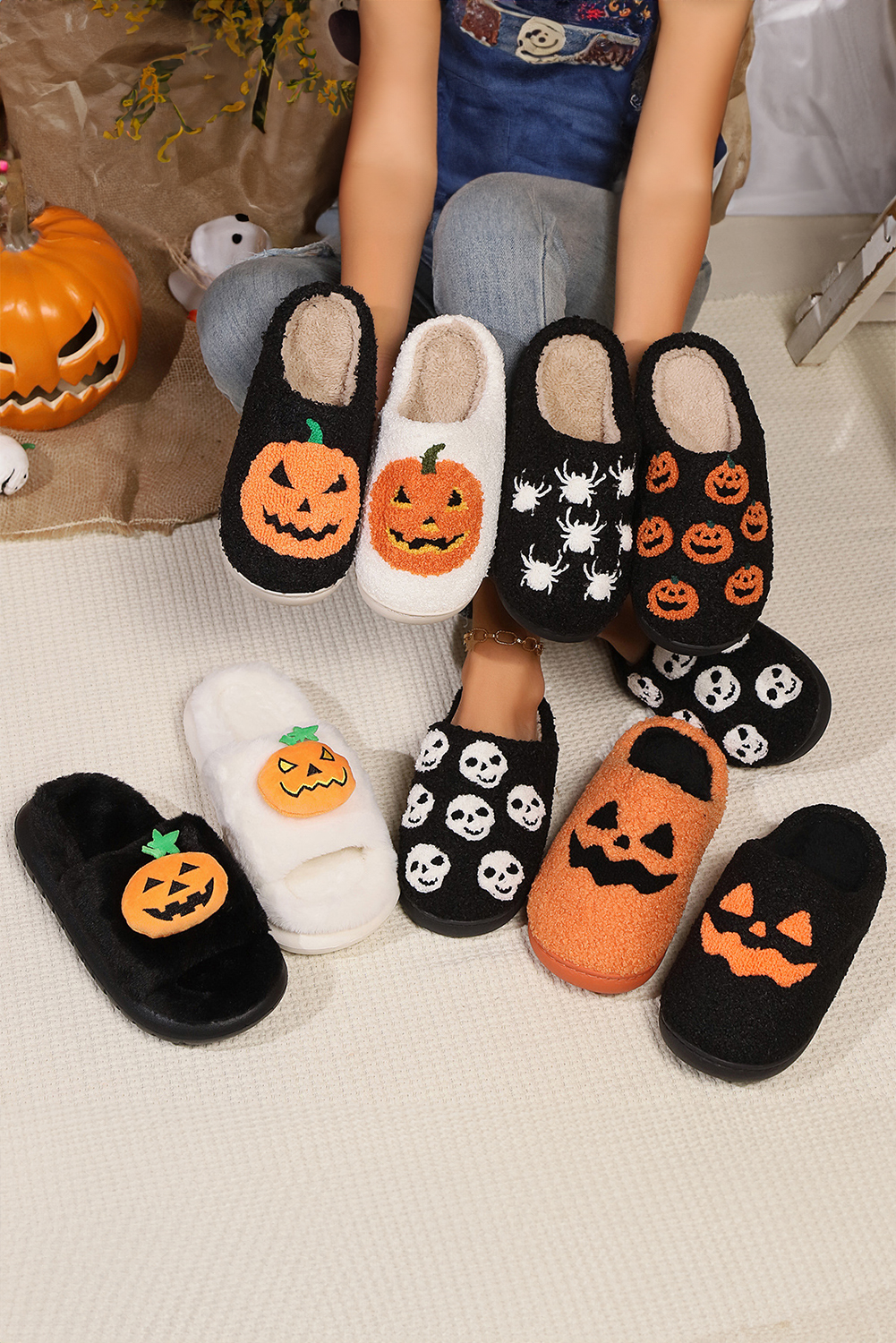 White Halloween Pumpkin Print Plush Slippers (Runs Small, Size Up) - Image 8
