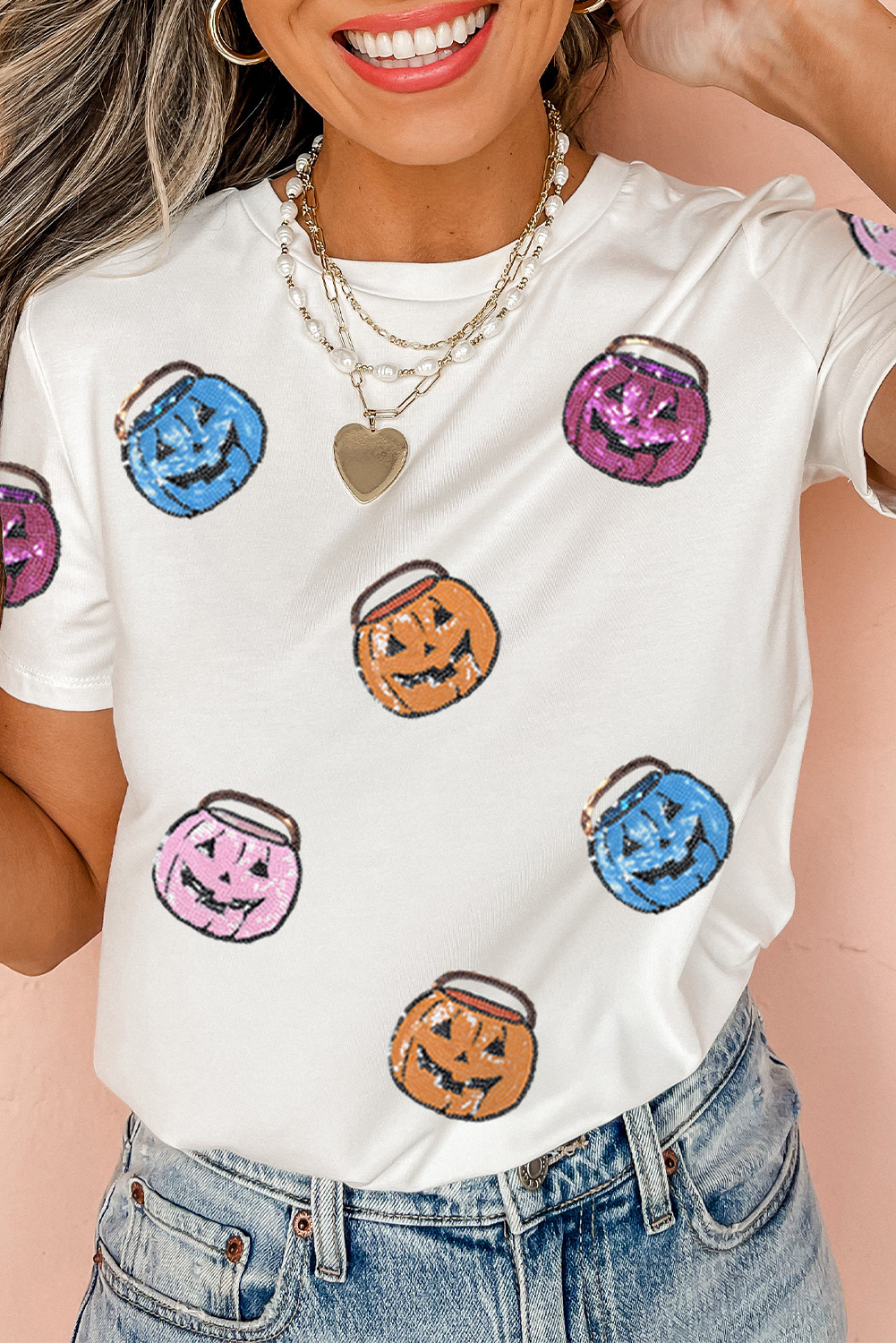 White Sequin Pumpkin Face Patched Crew Neck Holiday T Shirt - Image 3