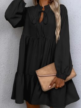Black Tie Split Neck Smocked Detail Long Puff Sleeve Ruffle Hem Loose Dress