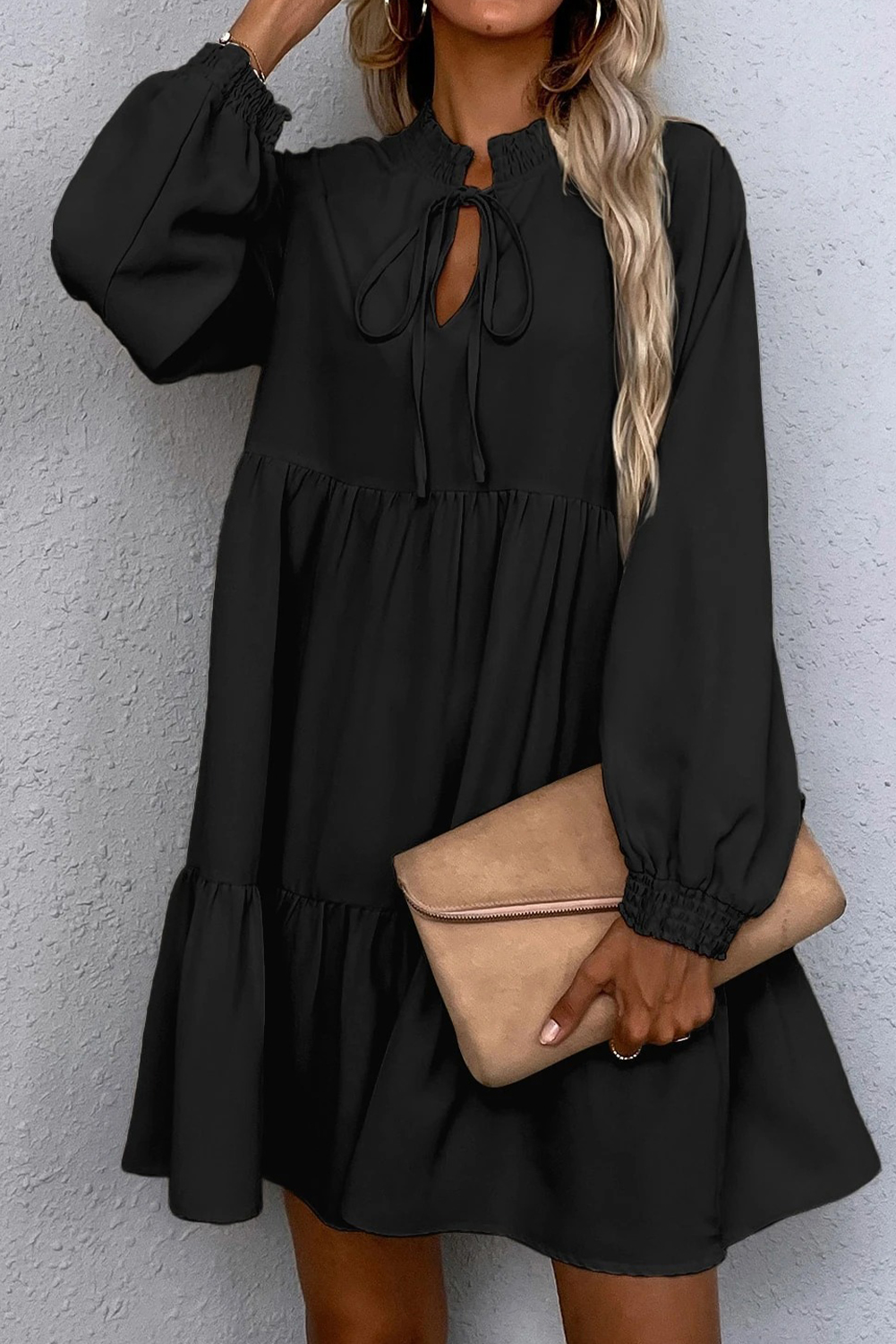 Black Tie Split Neck Smocked Detail Long Puff Sleeve Ruffle Hem Loose Dress