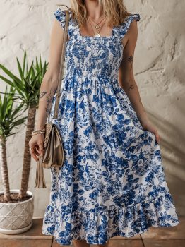 Blue Floral Ruffle Strap Square Neck Smocked Bodice Midi Dress
