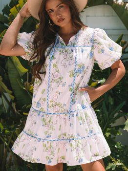 Pink Floral Striped Print Contrast Trim Tie Split Neck Mini Dress