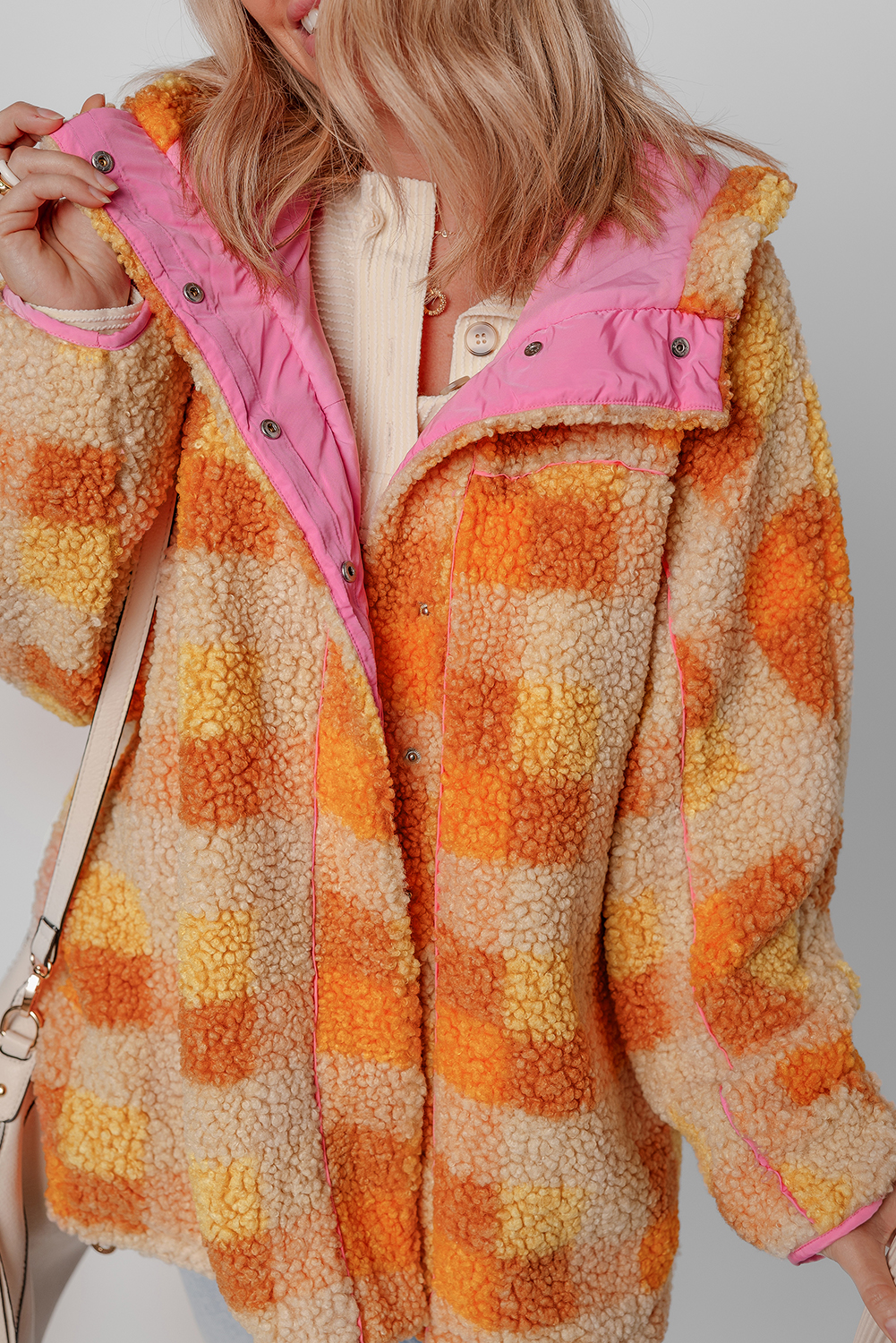 Orange Checkered Sherpa Hooded Jacket - Image 6