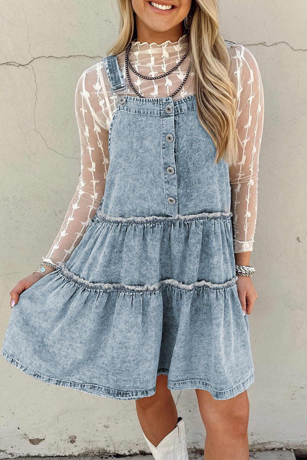 Dusk Blue Light Wash Tiered Flowy Overall Denim Dress