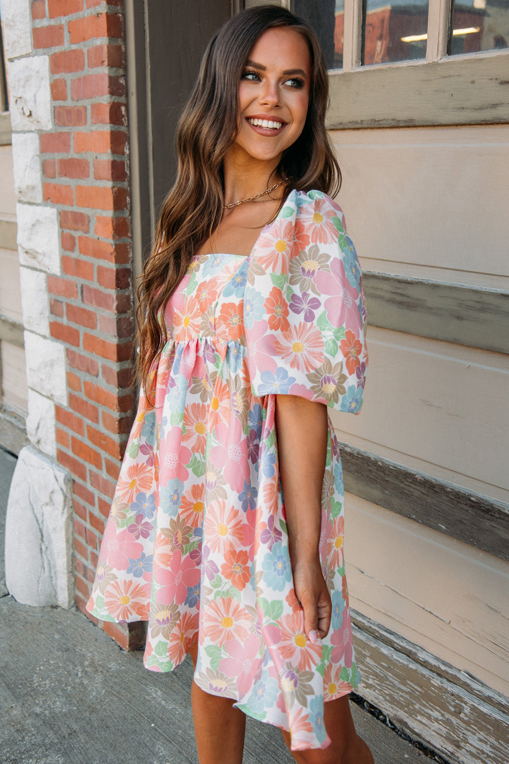 Pink Summer Floral Square Neck Puff Sleeve Babydoll Dress - Image 5