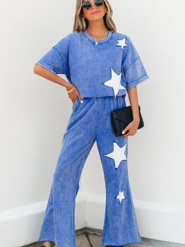 Ashleigh Blue Acid Wash Star Patched Rolled Trim Pants Set