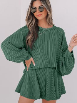 Mist Green Corded Lantern Sleeve Top High Waist Ruffled Mini Skirt Set