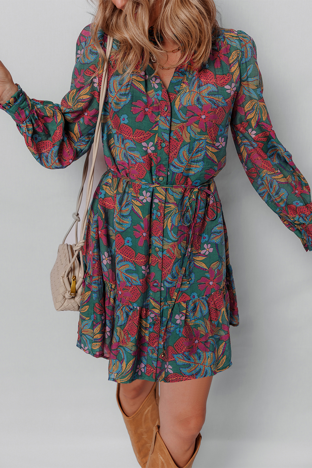Green Floral Friled V Neck Puff Sleeve Ruffled Shirt Dress - Image 4