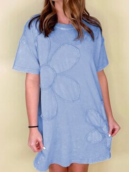 Sky Blue Mineral Wash Flower Patchwork Mini T Shirt Dress