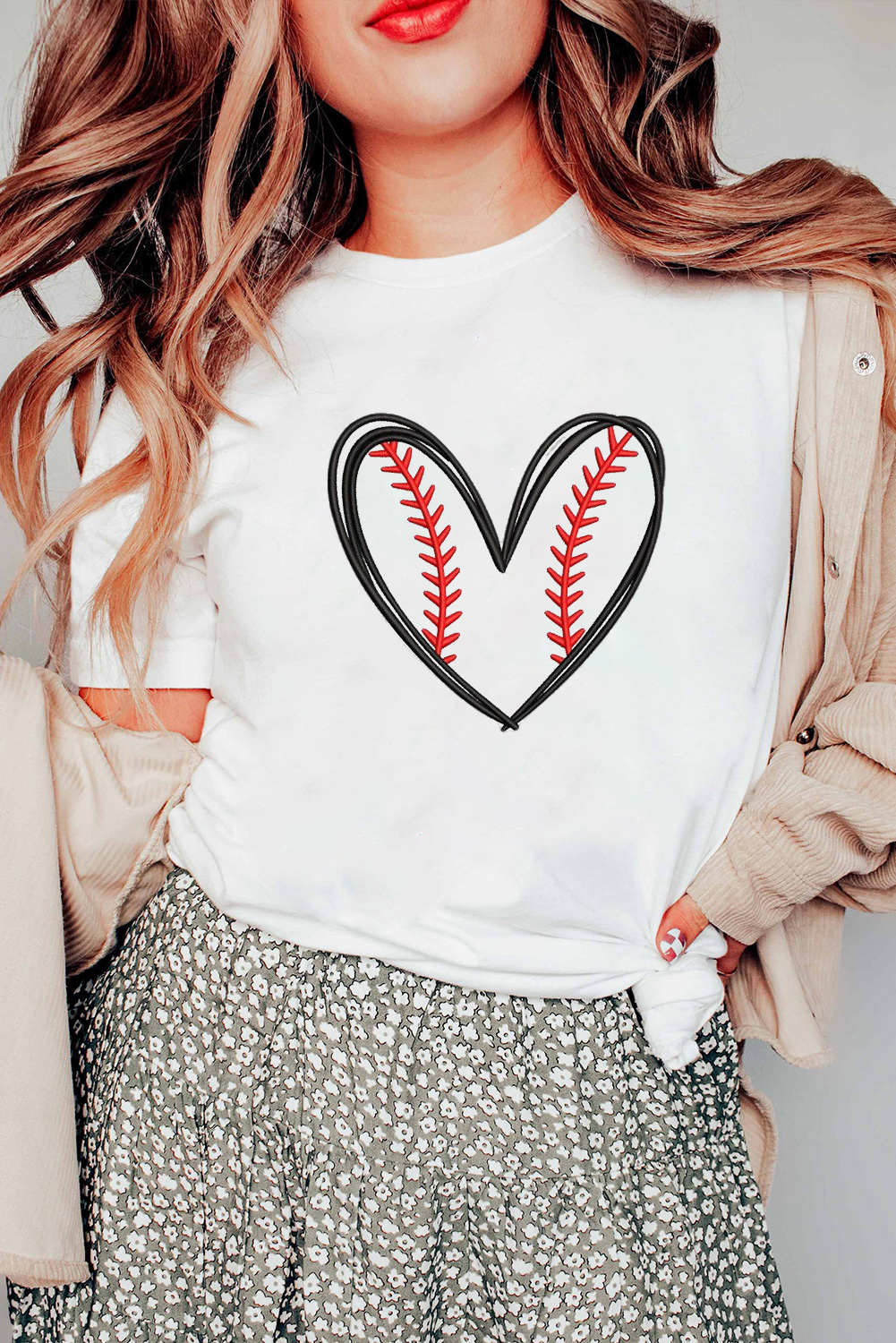 White Baseball Heart Shape Embroidery Graphic Tee - Image 3