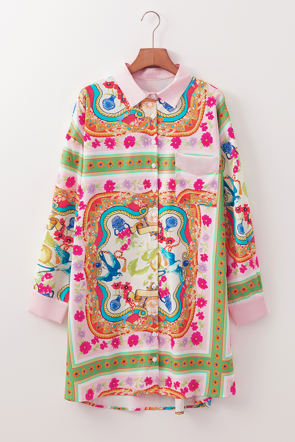 Multicolour Boho Floral Print Buttoned Long Sleeve Shirt Dress - Image 5