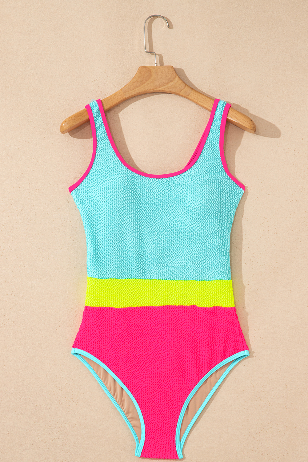 Iceland Blue Textured Color Block Patchwork One Piece Swimsuit - Image 7