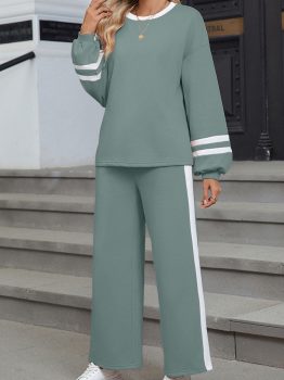 Blue Varsity Stripe Patchwork Puff Sleeve Pullover Drawstring Wide Leg Pant Set