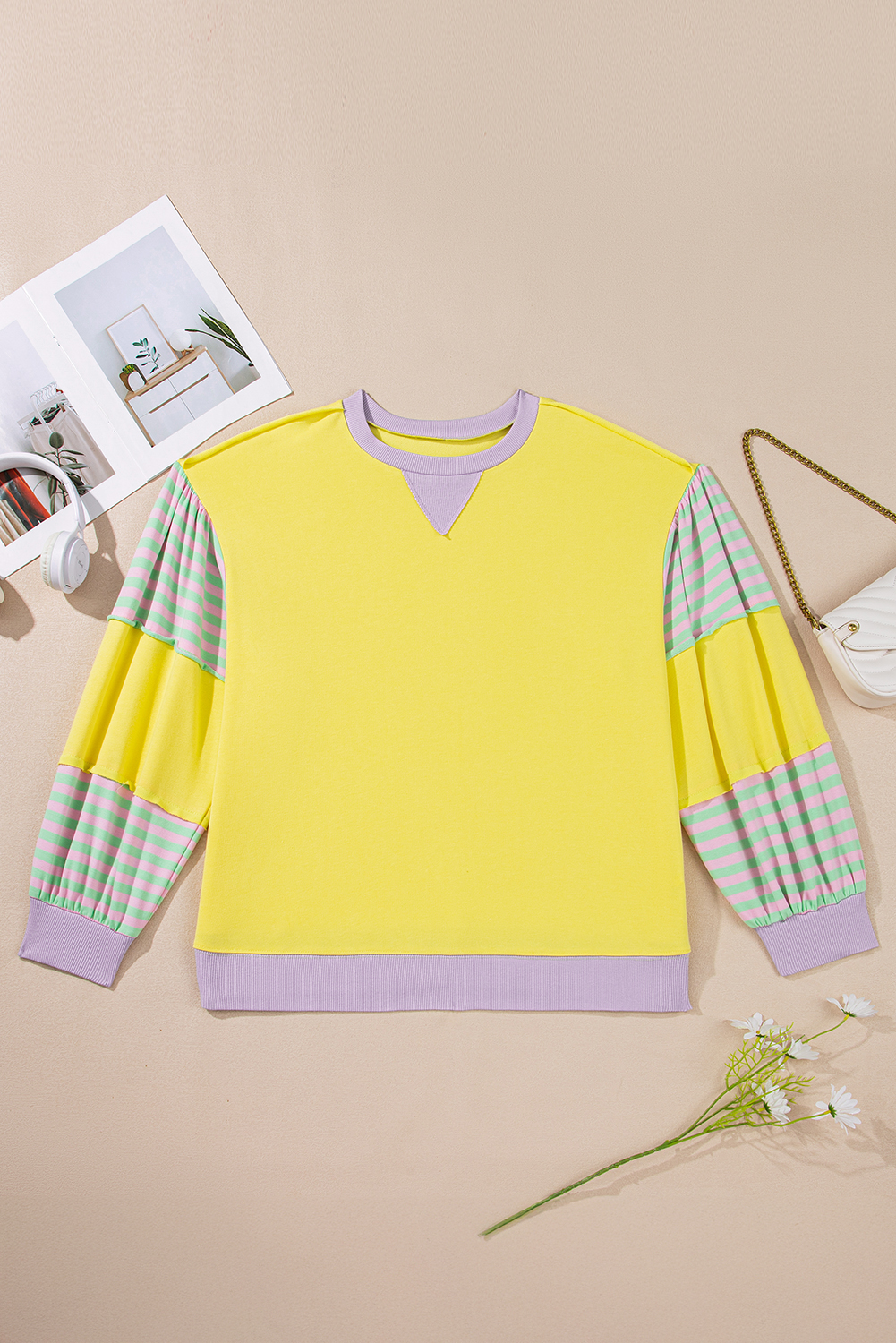Yellow Striped Color Block Patchwork Crewneck Plus Size Pullover Sweatshirt - Image 8