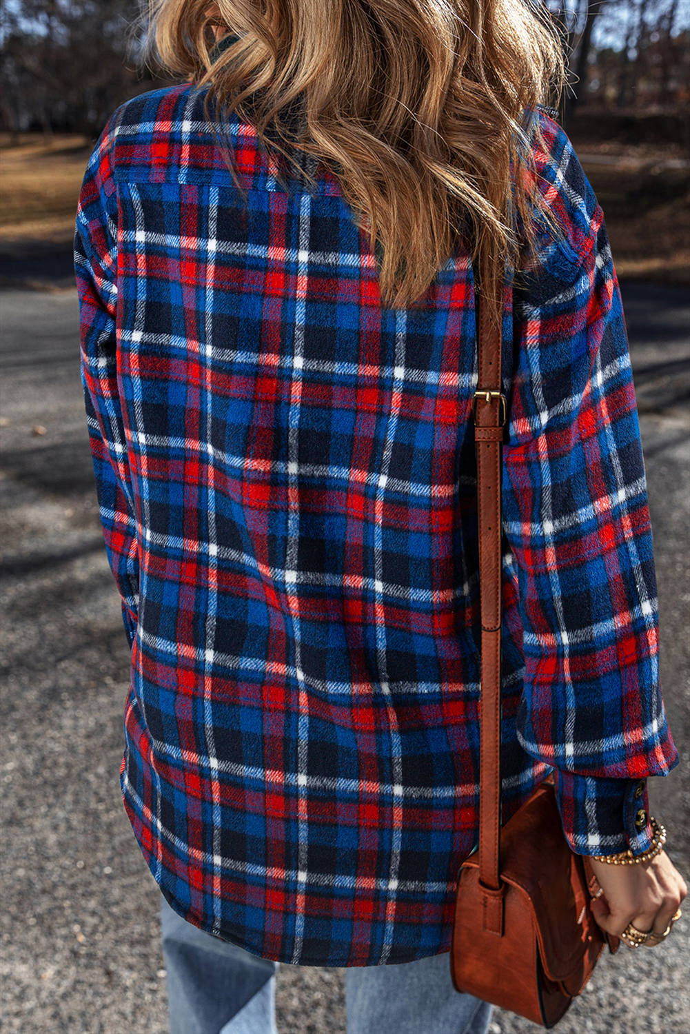 Navy Blue Plaid Flap Pocket Button Up Shacket - Image 2