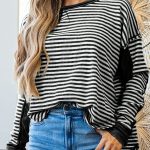 Black Stripe Thermal Knit Drop Shoulder Casual Top