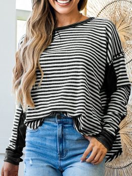 Black Stripe Thermal Knit Drop Shoulder Casual Top