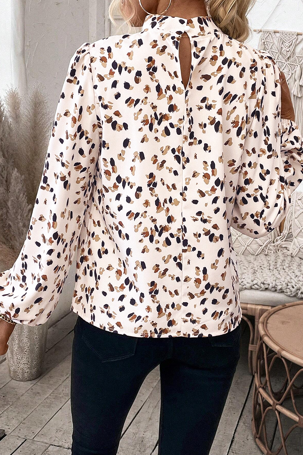 White Leopard Print Lantern Sleeve Mock Neck Pleated Blouse - Image 7