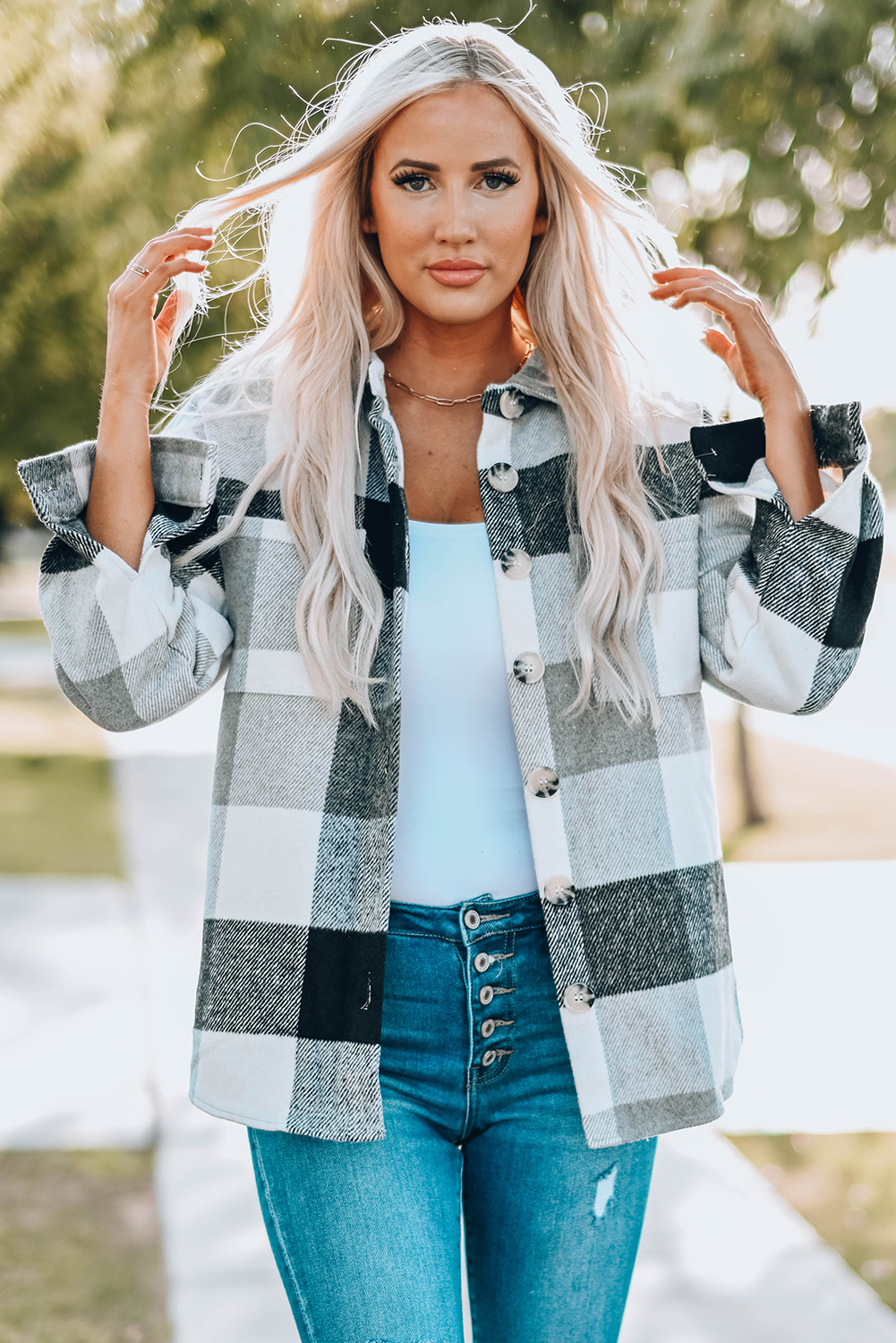 Gray Plaid Color Block Buttoned Long Sleeve Jacket with Pocket - Image 4
