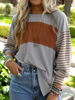 Gray Colorblock Striped Bishop Sleeve Top